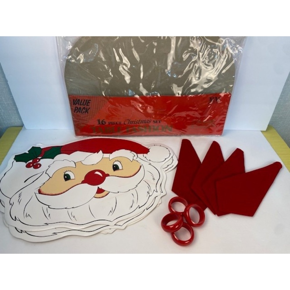 Vintage Table Fashion 12 Piece Christmas Set Santa Placemats Napkins Rings Red